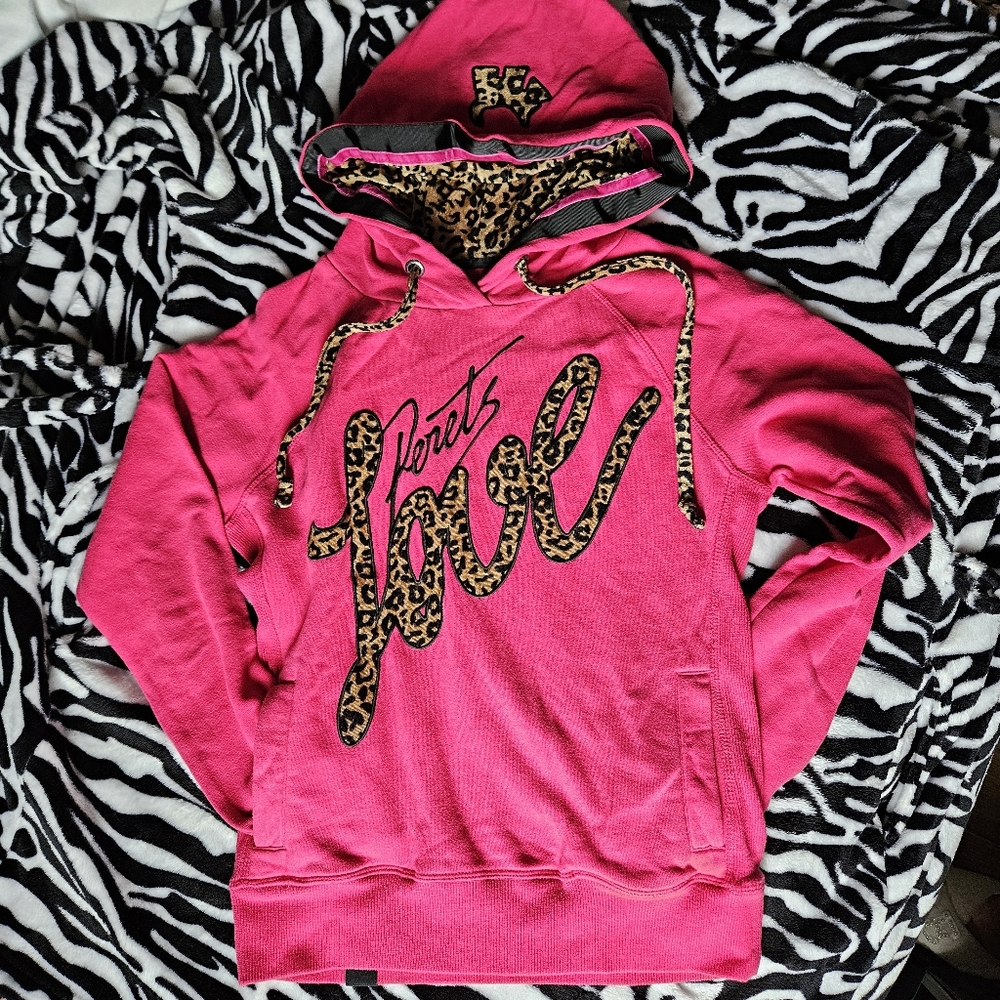 Joshua Perets Pink Embroidered Leopard Print Velvet Velour Hood Hoodie
